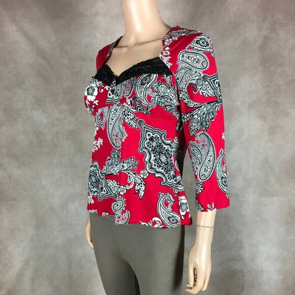 LINEA DONATELLA Red Paisley Lace Trim Pajama Shirt Size Medium - Picture 3 of 10